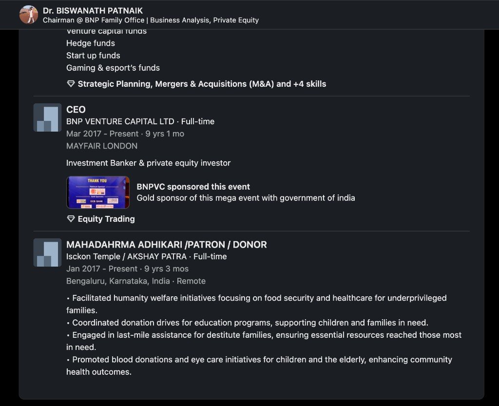 LinkedIn — CEO BNP VC Mayfair + ISKCON Patron since 2017