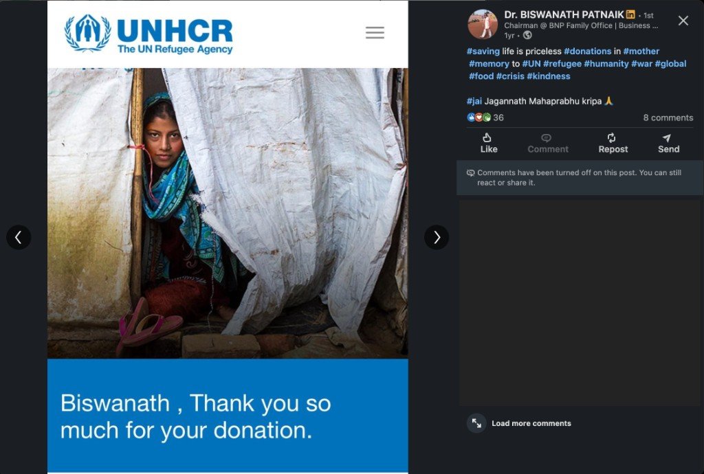 UNHCR automated thank-you email — no amount shown