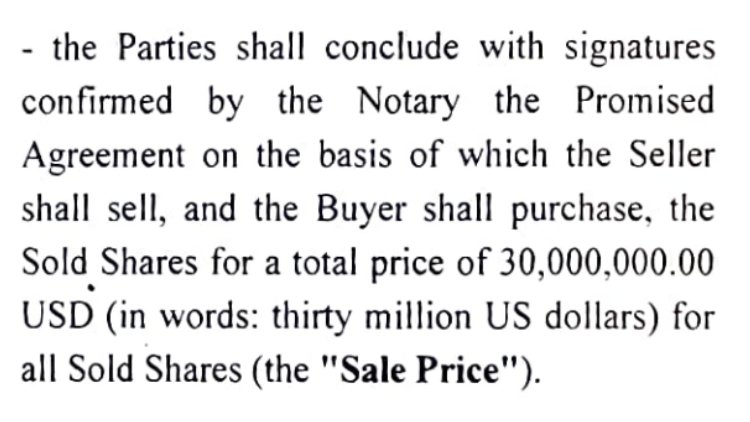 Contract clause — Sale Price USD 30,000,000 for all Sold Shares