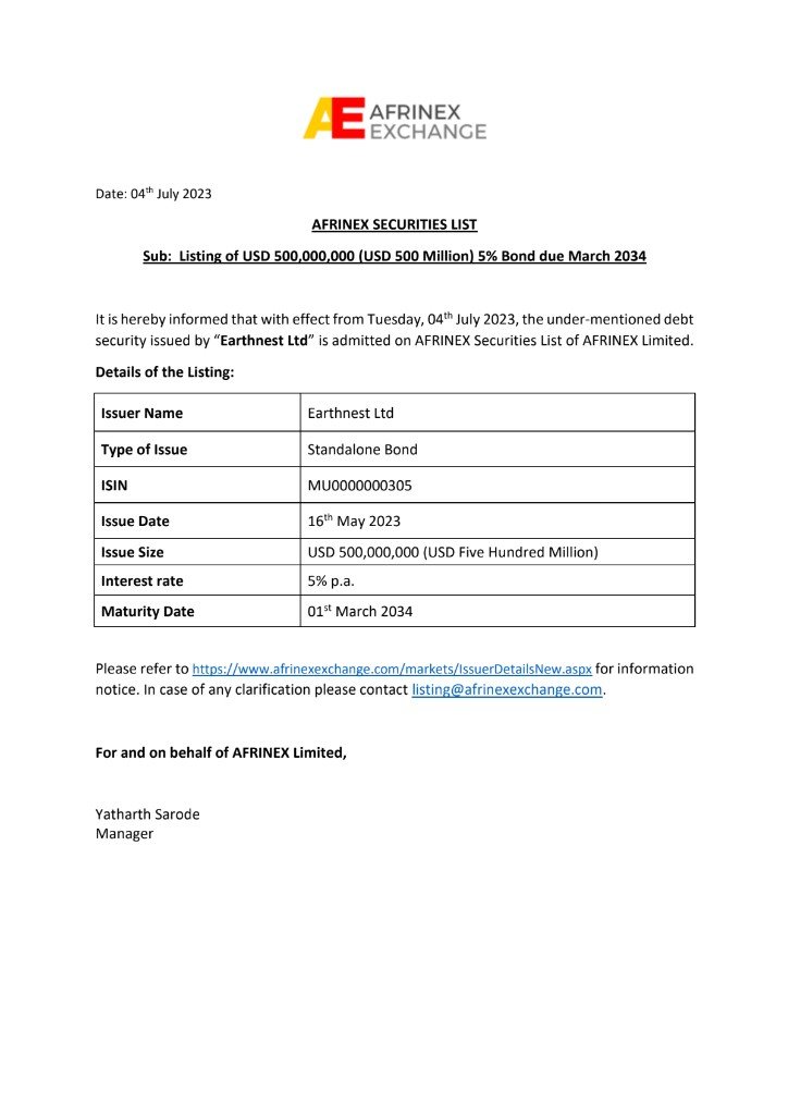 Afrinex listing: Earthnest $500M bond
