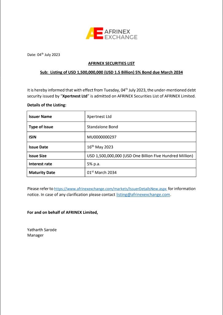 Afrinex listing: Xpertnest $1.5B bond