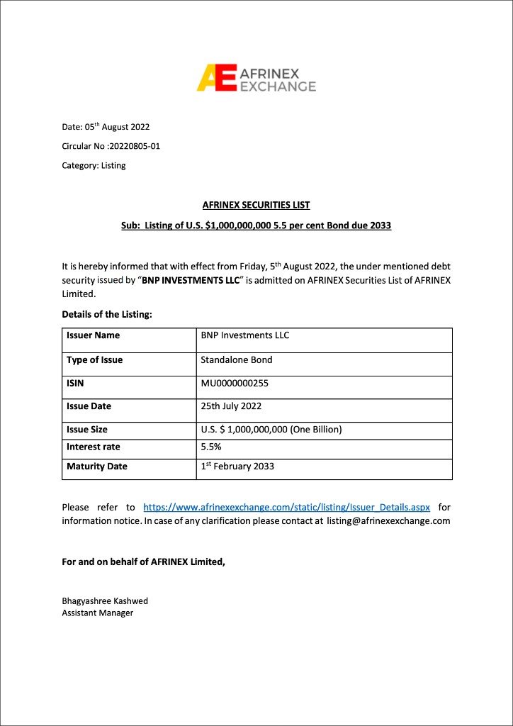 Afrinex listing: BNP $1B bond