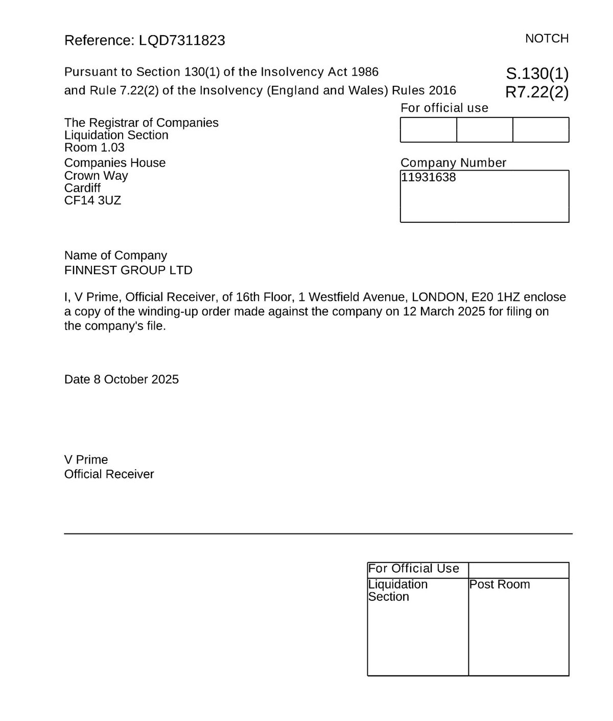 Official Receiver Notice