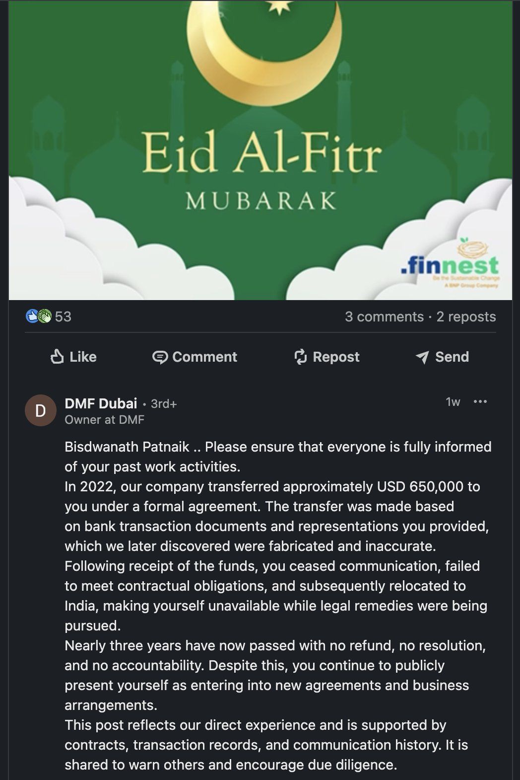 DMF Dubai LinkedIn statement