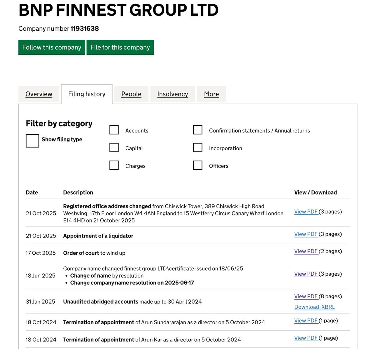 Companies House Filing History