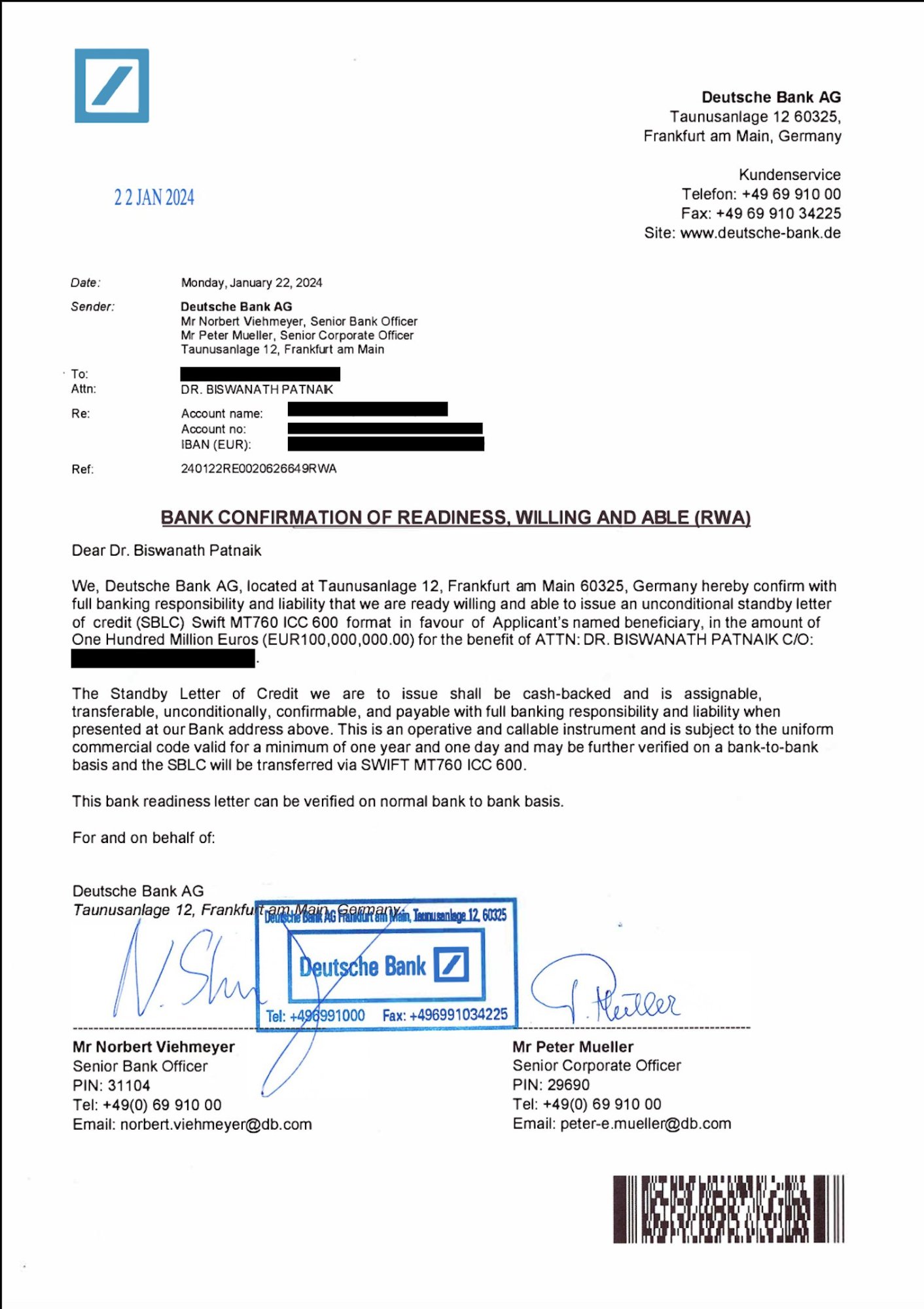 Deutsche Bank RWA letter