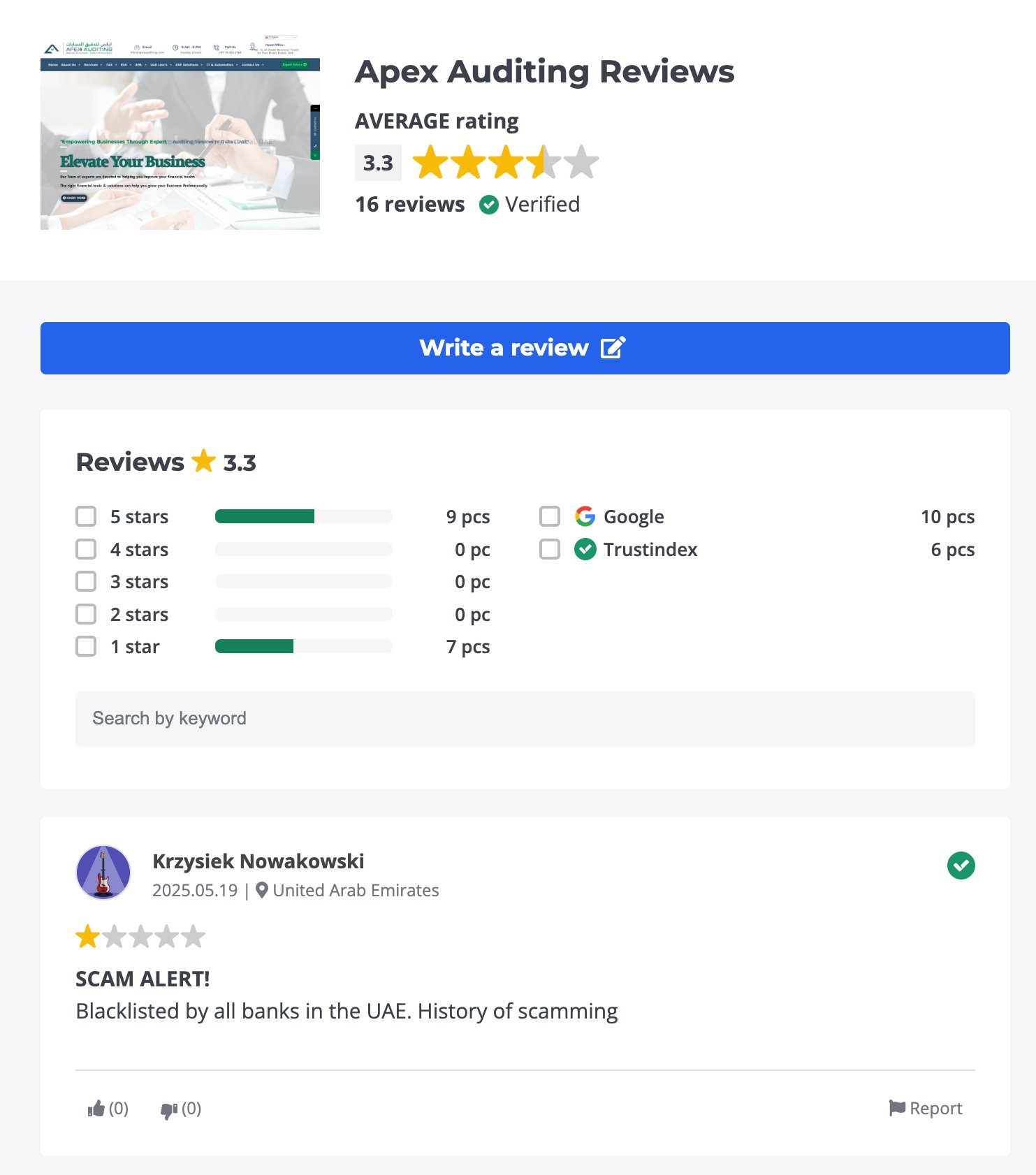 Apex Auditing Trustindex — 3.3, SCAM ALERT, blacklisted UAE banks
