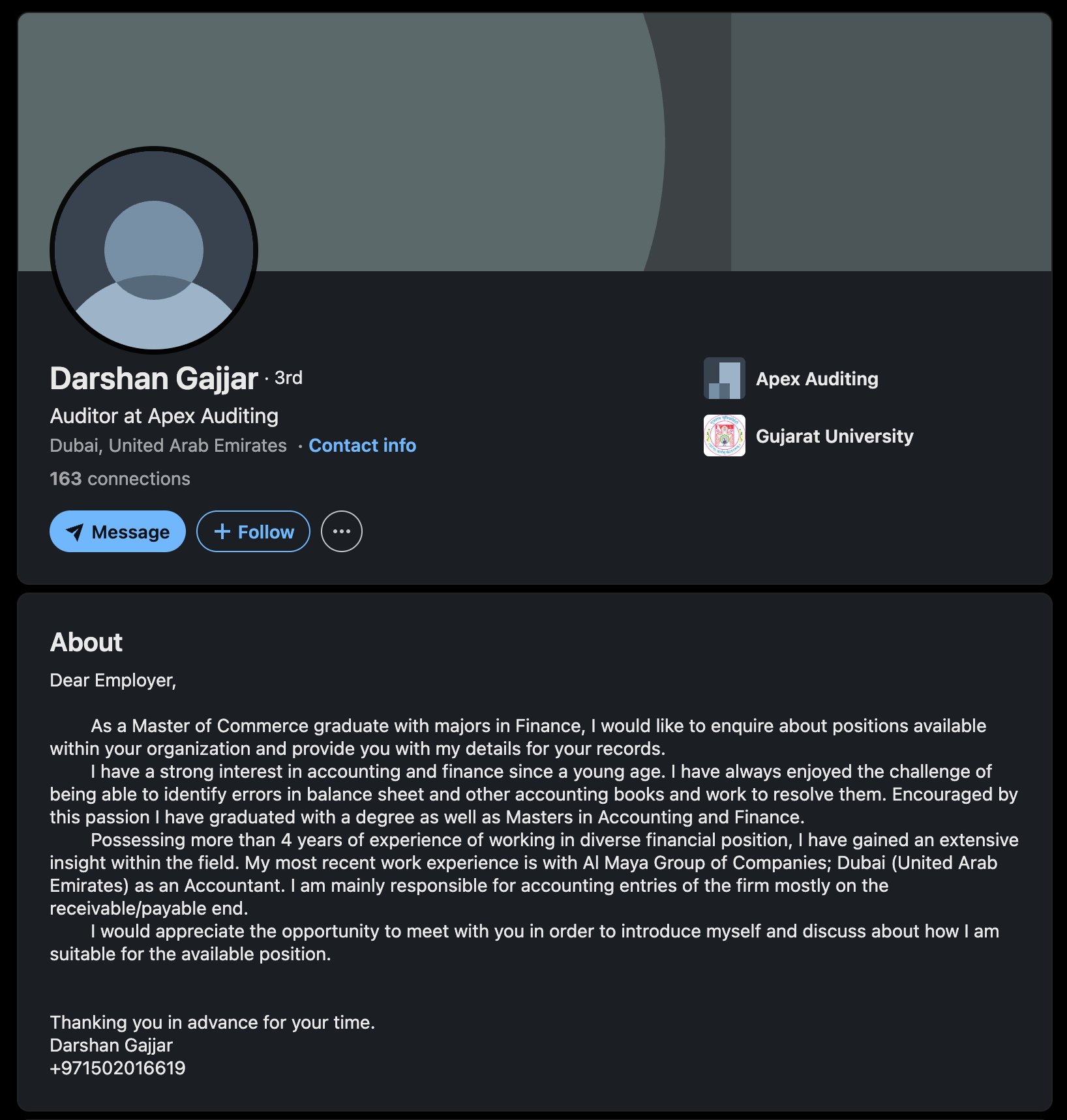 Darshan Gajjar LinkedIn profile — cover letter, no photo