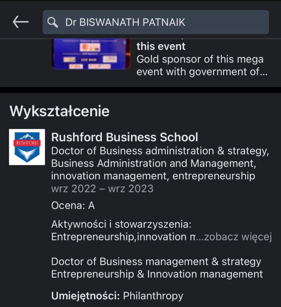 LinkedIn — Rushford DBA listed in education