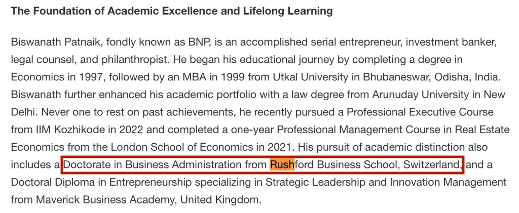 Published biography — Rushford and Maverick doctorate listed