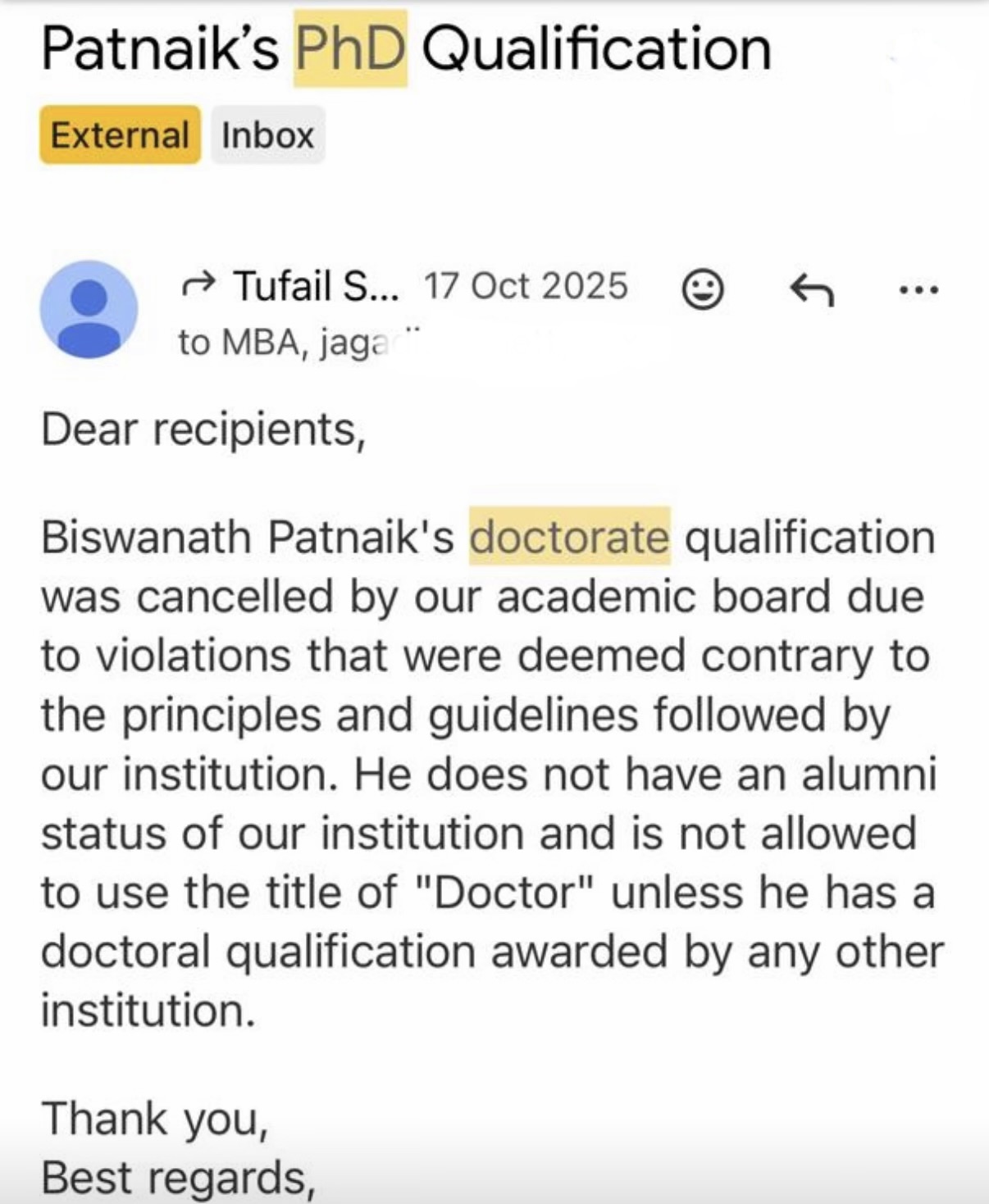 Rushford email — doctorate cancelled, no alumni status, cannot use title Doctor